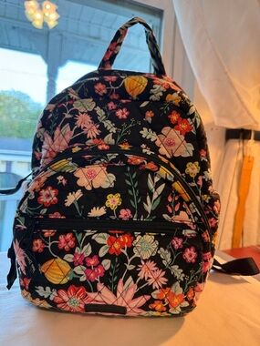 Vera Bradley Black Floral Quilted Mini Backpack with Multicolor Blooms